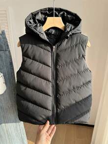 SHEIN 青少年女孩秋冬黑色休閒立領連帽無袖棉填充背心 - 黑色 - 查看 4