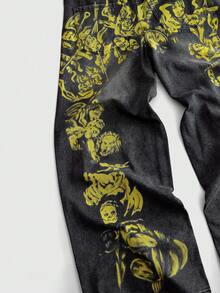ROMWE MEN Jeans de corte holgado con estampado para hombre - Negro - Ver 3