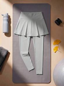 SHEIN Cheerettes 女款純色休閒日常旅行運動緊身灰色裙褲，柔軟彈性面料，透氣吸濕排汗，側開衩雙口袋，健身適用 - 灰色 - 查看 2