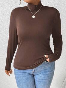SHEIN Frenchy Plus Mock Neck Ribbed Knit Tee Fall - Chocolate Brown - View 4