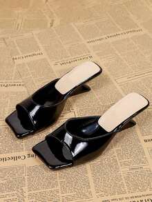 Glamine Women's Black Square Toe High Heel Slip-On Sandals, Casual Versatile Open Heel Mules - Black - View 4