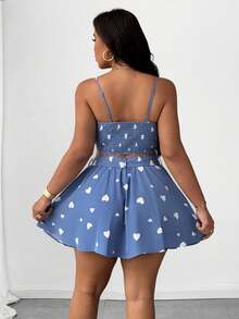 SHEIN Unity Plus Size Women's Heart Print Camisole & Self-Tie Waist Swing Midi Skirt 2 Pieces Set, Elegant Design For Beach, Party, Festival, Spring/Summer - Blue and White - View 2
