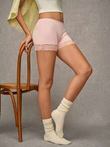 Esseday Pink High Elastic Lace Patchwork Casual Daily Minimalist Comfortable Women's Safety Pants - Pink - View 7