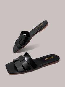 Styleloop Sandalias retro tejidas de punta cuadrada, suela plana, zapatillas de exterior, zapatos versátiles para mujer para uso diario, desplazamientos y vacaciones - Negro - Ver 3