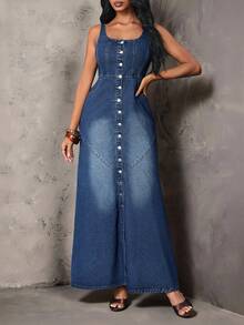 SHEIN Unity Women's Single-Breasted Split Design Casual Retro Vintage 70s 80s Daily Wear Denim Dress Everyday Going Out Fall - Blue - View 7