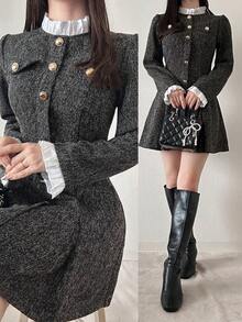 FRIFUL Gaun Pesta Kantor/Kencan Elegan Fashion Colorblock Wanita Warna Abu-abu Gelap Musim Gugur - Dark Grey - View 2