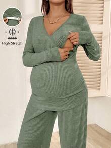 SHEIN 孕婦休閒純色上衣與長褲哺乳兩件套 秋季 - 綠色 - 查看 1