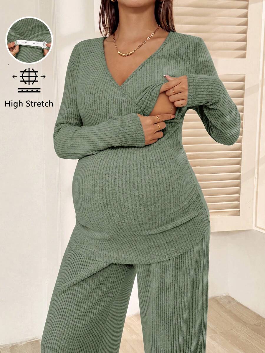 SHEIN 孕婦休閒純色上衣與長褲哺乳兩件套 秋季 - 綠色 - 查看 1