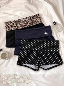 Teen Girls Casual All-Match Versatile Daily Folded Waist Print Super Short Knitted Shorts 1 Random Piece, Summer, Outfit, Fall, Back To School, Loose - Black - View 2