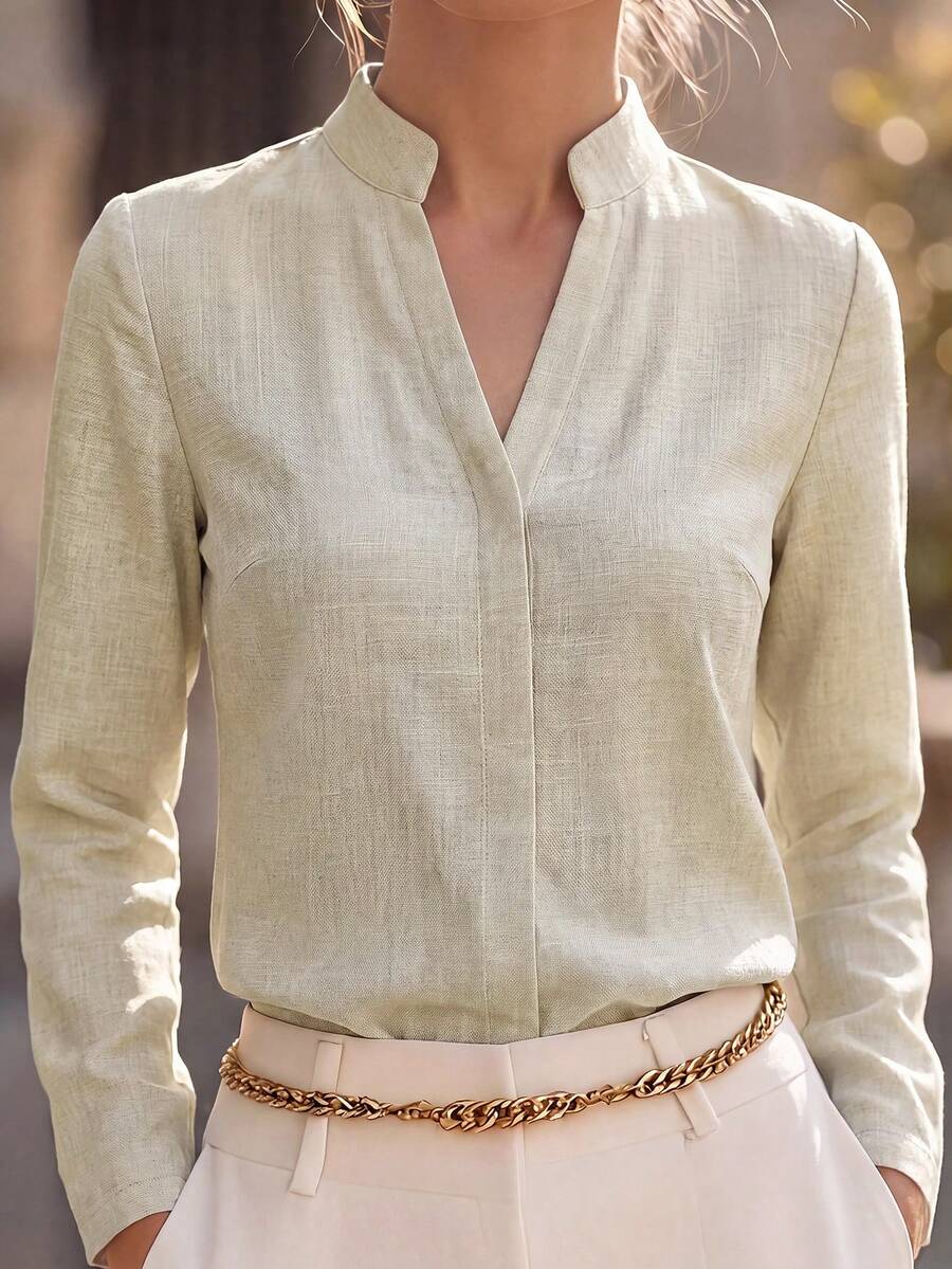 Editum Women's Solid Color Notch V-Neck Casual Elegant Everyday Blouse Teachers' Day Office Sage Green Autumn - Apricot - View 1