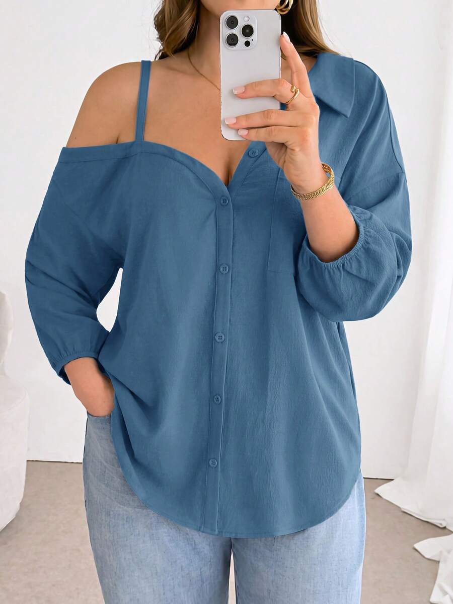 Shapeblank 大尺碼女款純色不對稱領長袖單排扣襯衫 秋季 - 藍色 - 查看 1