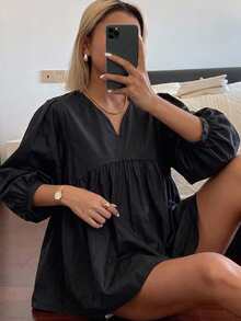 FRIFUL Women's Black V-Neck Puff Sleeve Shirt, Summer Apparel,Ruffle - Black - View 5
