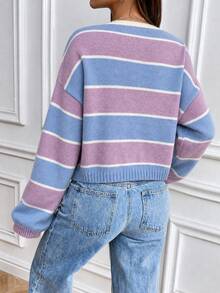 SHEIN LUNE Colorblock Loose Cropped Cardigan Sweet Preppy Style Sweater Cardigan Jacket - Purple - View 2