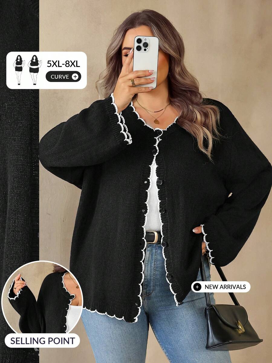SHEIN CURVE+ 秋冬休閒優雅拼色飾邊大尺碼女款開襟衫 辦公黑色 - 黑與白 - 查看 1