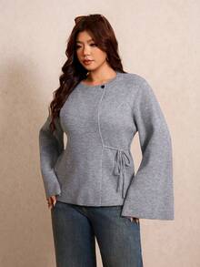 Elaquor Plus Size Fashion Button Tie-Up Slit Long Sleeve Sweater Formal Office Business Semi Grey Fall Casual Elegant - Dark Grey - View 5