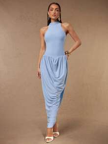 Silquee Women's Solid Color Pleated Sleeveless Fitted Elegant Dress - Lake Blue - View 4