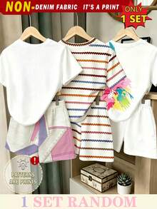 (1 Random Item From 3) Girls Fresh Ink Splatter Striped Colorful Floral Pink Purple Patchwork Heart Pattern Basic Short T-Shirt And Shorts - Multicolor - View 2