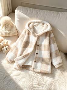 Elladie kids 女童 4-8 歲夾克，奶咖格紋軟絨連帽外套，適合秋冬、戶外活動、上學 - 卡其色 - 查看 3