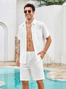 Mercer Haus Men's 2-Piece Linen Casual Short Sleeve Button-Down Shirt And Shorts Summer Beach Set - Perfect Father's Day Gift For Dad, Husband, Him - White - View 5
