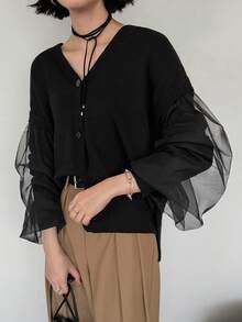 FRIFUL Cardigan Wanita Model Korea Baru untuk Awal Musim Gugur, Motif Patchwork, Bagian Bawah Berbahan Jala Transparan dengan Belahan di Bagian Depan. - Hitam - View 6