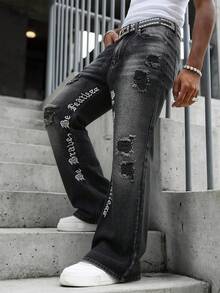 Manfinity Roghcode Men's Casual Denim Jeans With Pocket, Distressed Letter Pattern, Style - Black - View 1