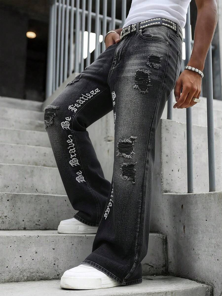 Manfinity Roghcode Men's Casual Denim Jeans With Pocket, Distressed Letter Pattern, Style - Black - View 1