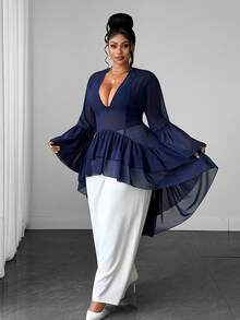 Maweii Plus Size Women's Solid Color Pleated Casual Versatile Daily Wear Shirt Fall - Navy Blue - View 2