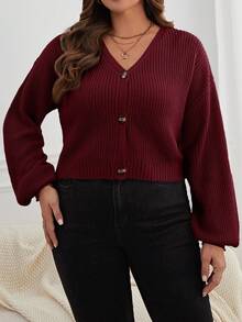 SHEIN Essnce Cardigan Pendek Kasual Ukuran Besar Warna Polos untuk Wanita, Pakaian Musim Gugur dan Musim Dingin - Burgundy - View 5