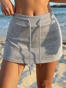 DAZY Women Drawstring Solid Color Simple Casual Skirt, For Daily Wear,Pencil Skirt Y2k - Grey - View 6