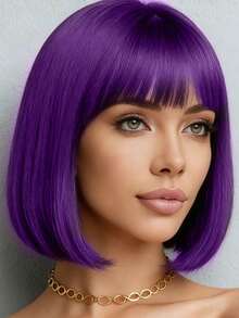 9.8 Inch Short, Synthetic Wig With Purple Bangs, Party Wig, Perfect For Halloween, Role-Playing, And Holiday Gatherings, Special Occasions - Dark Purple - View 4