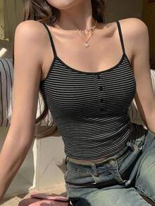 DAZY Striped Fake Collar Padded Cami Top Crop Women Tops - Black - View 1