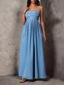 Glamine SHEIN Glamour Women's Denim Rhinestone Dress - Blue - View 7