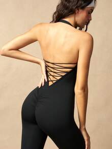 VARSIVA Solid Color Backless Halter Neck Slim Fit Sports Jumpsuit - Black - View 8