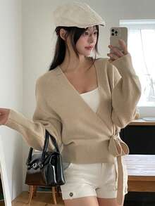 DAZY Solid Color Fitted Diagonal Tie Long Sleeve V-Neck Elegant Vacation Spring Autumn Casual Knit Cardigan For Women - Khaki - View 5