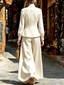 SHEIN 2pcs/Set Cream-White Washed Textured Fabric Chinese Style Small Stand Collar Front 5-Pair Frog Button Cinched Waist Hem Slightly Slit Cuffed Long Sleeve Top And Draped High Waist Wide Leg Pants - Apricot - View 2
