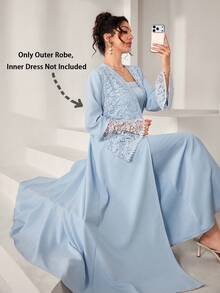 Yasmyna Elegant Blue Contrast Lace Flared Sleeve Open Front Robe, Spring/Summer - Baby Blue - View 2