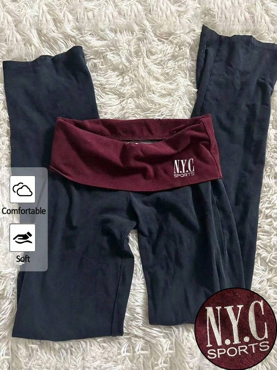 SHEIN 青少年女孩字母印花拼色時尚休閒長褲,適合週末出遊 - 彩色 - 查看 1