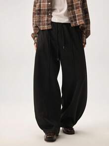 Vaulklash Men Casual Street Cuffed Waist Seam Front Loose Wide Leg Sweatpants Wide Leg - Black - View 6