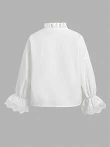 SHEIN 女童開學季荷葉領蕾絲飾邊長袖白色襯衫 - 白色 - 查看 6