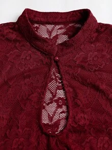 Sweetra Women's Hollow Out Design Lace Long Sleeve Knot Detail Sexy Dress - Burgundy - View 3