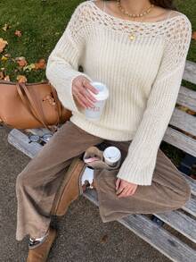 Freevana Boho Soft Form Allover White Ribbed Knit Sweater With Crochet Yoke Off-Shoulder Neck Cozy Autumn Party Office Date Night Top Pullovers For Women Fall - White - View 2