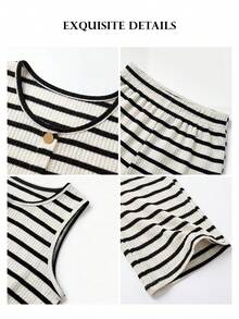 ELLERISSA Plus Size Black Striped Button Front Tank Top & Wide Leg Pants Co-Ord Set - Black - View 7