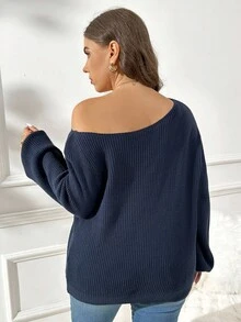 SHEIN Essnce 大码女装秋季女装新款时尚休闲通勤拉绒面料休闲纯色藏青色宽松多穿法（单肩、斜肩、正肩）针织毛衣，毛衣套头露肩上衣，露肩长袖，秋季女士毛衣， - 藍色 - 查看 2