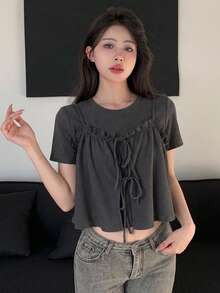 FRIFUL 2pcs/Set Women's Bowknot Frill Trim Short Sleeve Top, Loose Fit Crew Neck Lounge Sets For Women - Grey - View 4