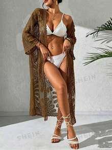 Swim Vcay Kimono de malla transparente con bordado de vacaciones en la playa - Café integral - Ver 4
