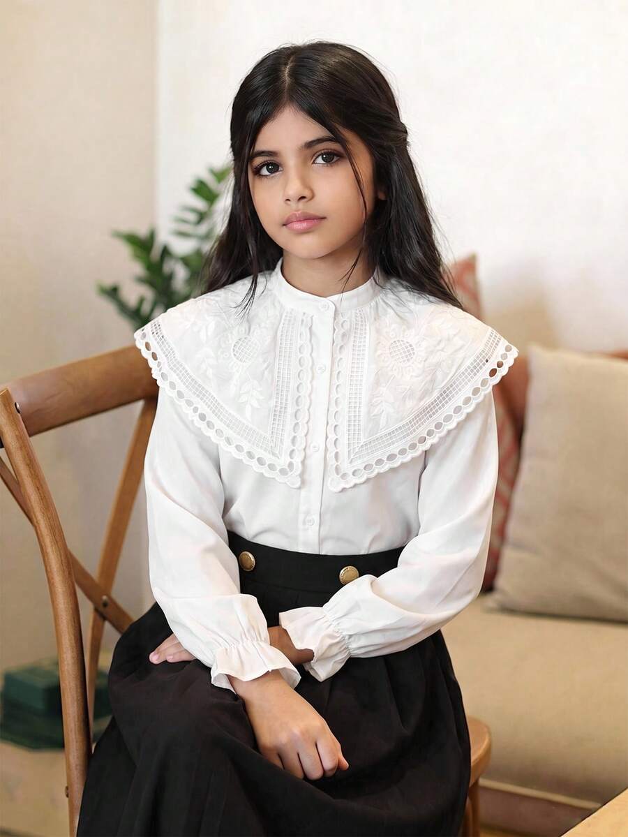 SHEIN 青少年女孩花卉刺繡圖案單排扣休閒日常穿著襯衫 - 白色 - 查看 1