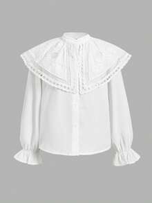 SHEIN 青少年女孩花卉刺繡圖案單排扣休閒日常穿著襯衫 - 白色 - 查看 4