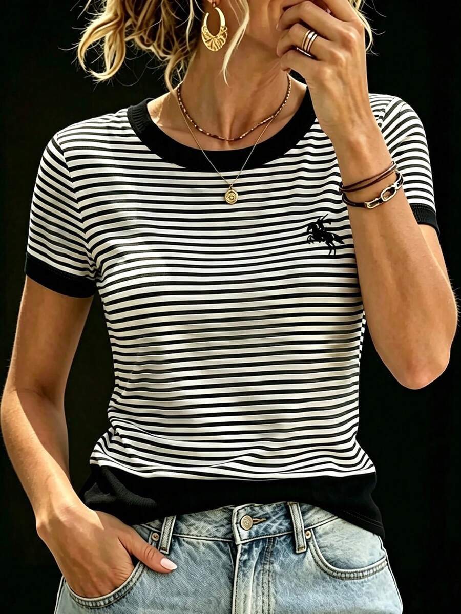 Trelyra 女士骑士印花条纹圆领短袖休闲T恤 - 彩色 - 查看 1