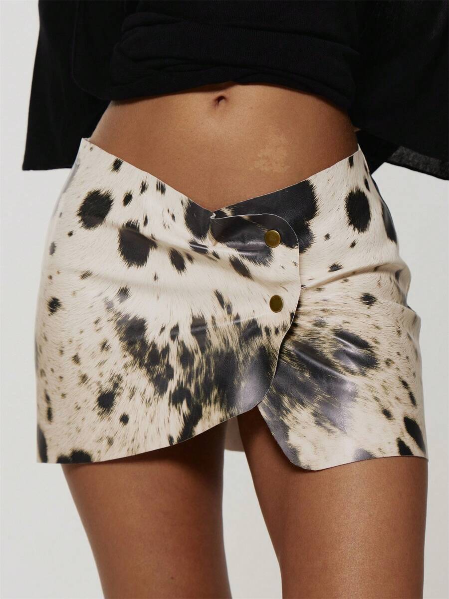 MUSERA Cow Print Wrap PU Low Rise Mini Skirt Boho, Sexy, Autumn, Festival, Girly, Studs & Suede - Multicolor - View 1