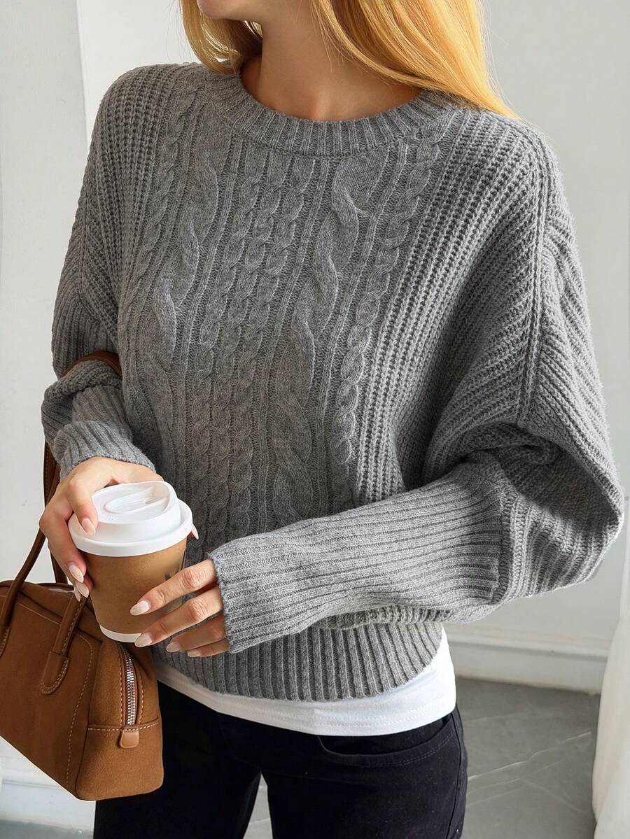 DAZY Women's Round Neck Batwing Sleeve Pullover Casual Sweater - Grey - View 1